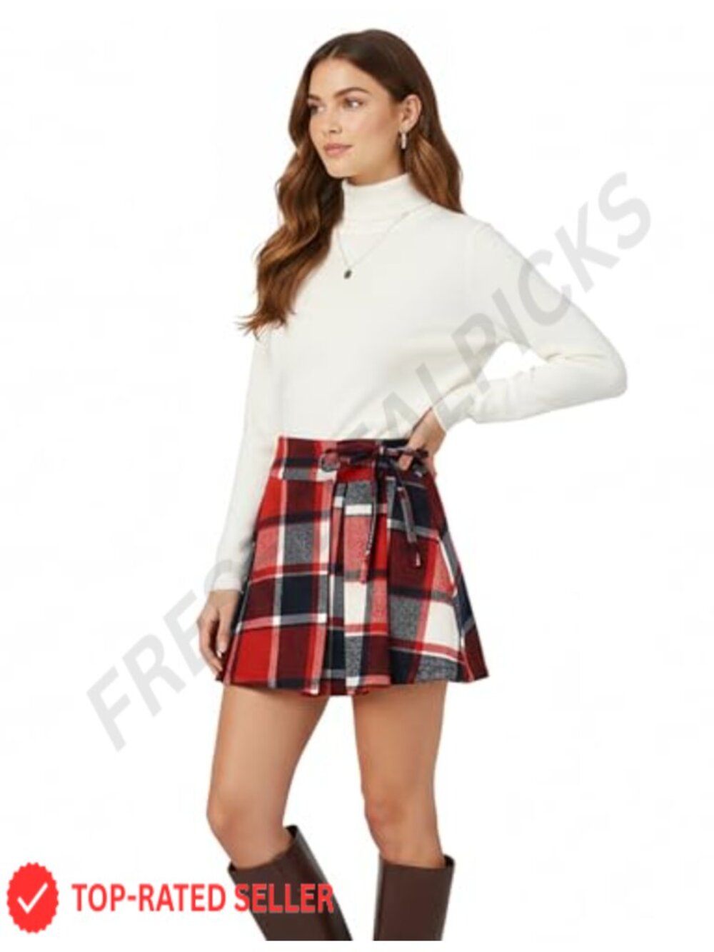 Women's Plaid Pleated Mini Skirt with Built-in Shorts, High Waist A-Line Skater - Picture 4 of 6